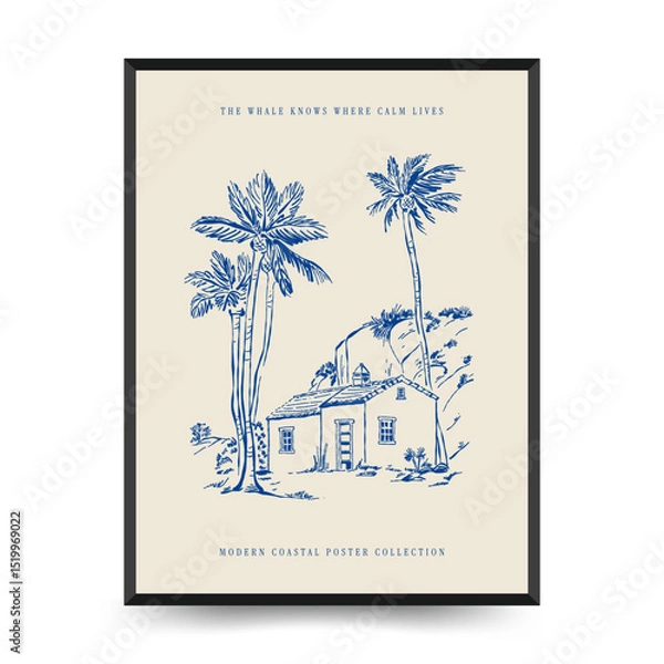 Fototapeta Editable vector poster with summer themes: beach, sea, sun, waves, umbrellas. Minimalist style, easy to customize, ideal for print, decor, and social media.