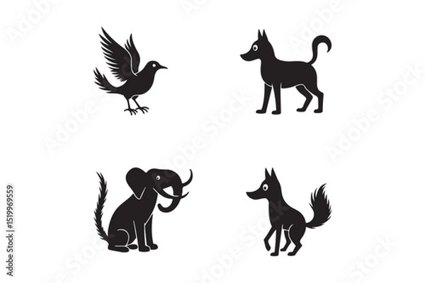 Fototapeta Animal Silhouette Icon Set Bird, Dog, Elephant, and Fox Vector Illustrations