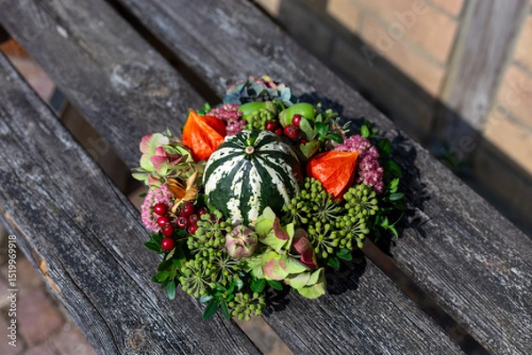 Fototapeta Seasonal floral wreath with acorns, berries, and orange flowers placed on elegant table setting.