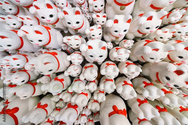 Fototapeta Tokyo, Japan - Sep 30 2024, A close-up view of many multi-sized white beckoning cat figure of Maneki neko with red ears and noses displayed at Gotokuji Temple, without people, at daytime, Tokyo, Japan