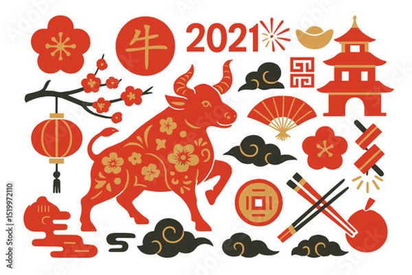 Fototapeta The vector set contains elements representing the Ox Zodiac sign, which is the symbol for 2021 on the Chinese calendar, and is used for decorating cards, web design, and banners during Chinese New