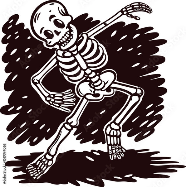 Fototapeta Dancing human skeleton sketch in expressive pose with bold black shadow, vintage hand drawn illustration