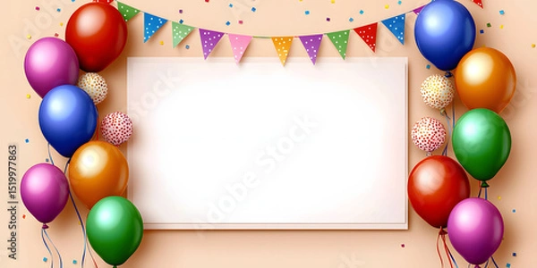 Obraz Colorful Balloons and Confetti Surround Blank Card on Beige Background
