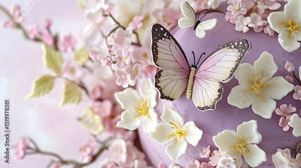 Obraz Closeup of a Lavender Cake Decorated with Sugar Flowers and Butterflies