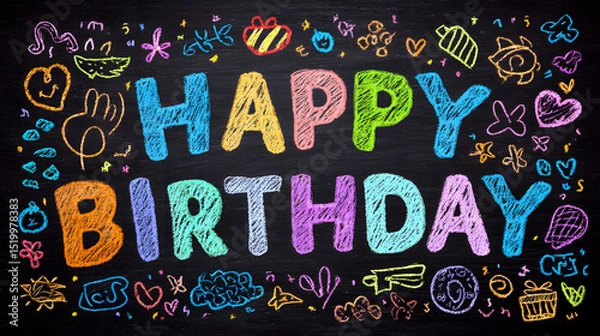 Obraz Colorful Chalkboard Happy Birthday Text with Whimsical Drawings