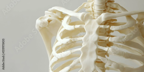 Obraz Close Up of a Pale Human Skeleton Model, Showing Ribcage and Spine Detail Against a Neutral Background