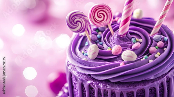 Obraz Closeup of a Delicious Purple Cake Decorated with Lollipops and Sprinkles