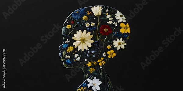 Obraz Child Profile Silhouette Filled with Colorful Flowers on Dark Background