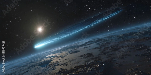 Obraz Bright Blue Comet Passes Near Planet In Dark Space