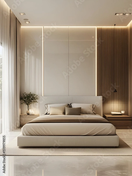 Fototapeta A clean and contemporary bedroom with a floating bed, neutral tones, and a calm atmosphere