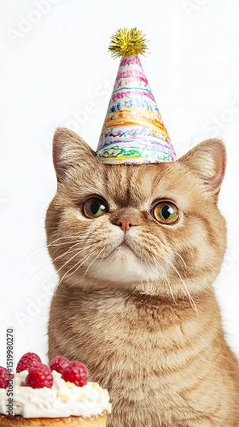 Obraz Adorable Orange Cat Wearing a Party Hat with Cake