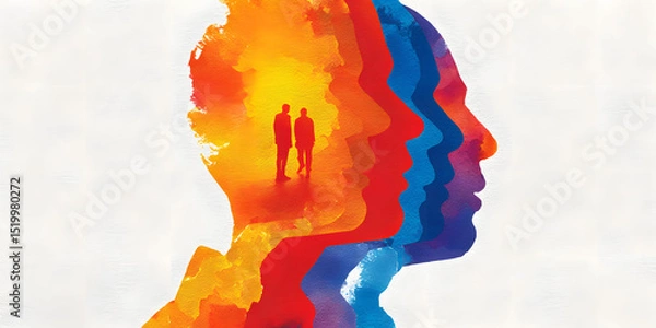 Obraz Abstract Watercolor Painting of Overlapping Human Profiles in Warm Colors