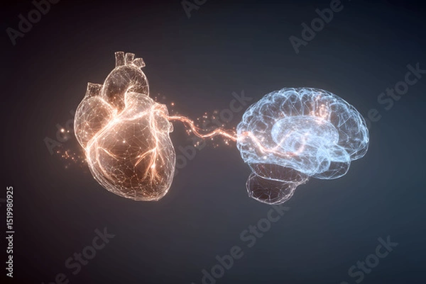 Obraz Abstract Digital Art of Connected Heart and Brain Glowing with Light Particles on Dark Background