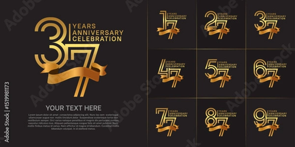 Fototapeta Anniversary logo type set with double line number. golden color with gold ribbon for celebration event