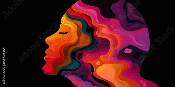 Obraz Abstract Colorful Female Profile Portrait with Swirls and Waves