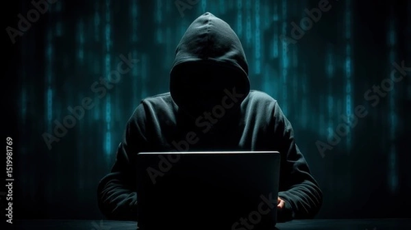 Fototapeta Hooded hacker typing laptop in dark room cybersecurity awareness digital environment suspenseful viewpoint