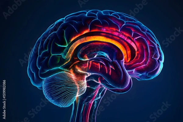 Obraz Abstract Colorful Human Brain Digital 3D Model, Network Connections, Glowing Pixels on Dark Background