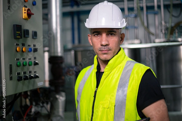 Fototapeta An industrial engineer wearing a safety helmet and reflective vest stands confidently in front of a machine in a factory. He is looking at the camera, representing professionalism and quality control 