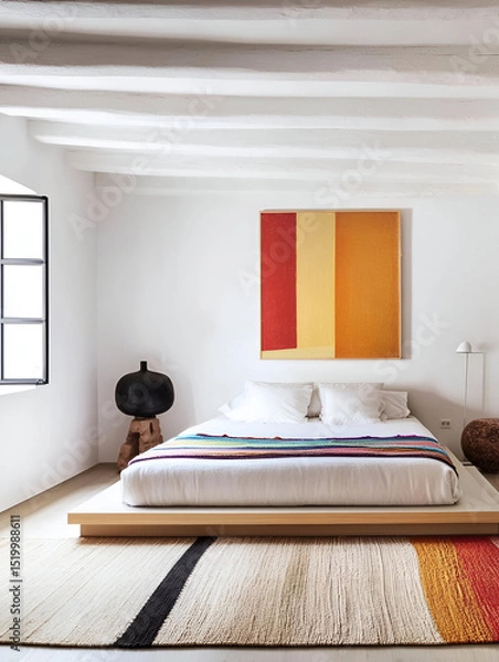 Fototapeta A contemporary bedroom with a low-profile platform bed, colorful art pieces, and minimalist furniture