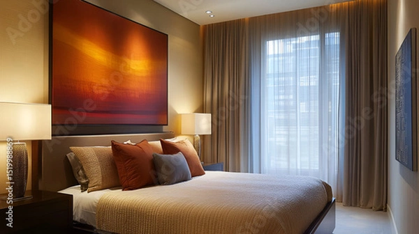 Fototapeta A contemporary bedroom with a large art piece on the wall, soft lighting, and a modern bed frame