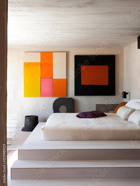 Fototapeta A contemporary bedroom with a low-profile platform bed, colorful art pieces, and minimalist furniture