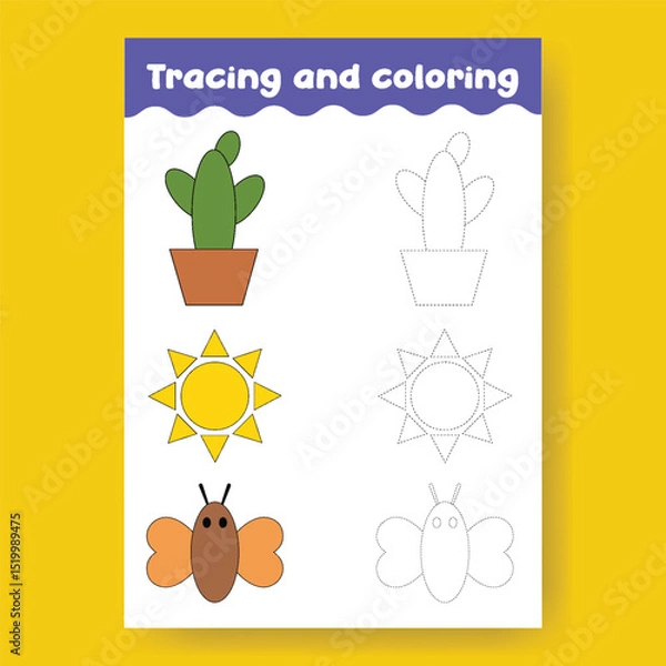 Obraz cactus, butterfly, sun Tracing and Coloring Shapes Worksheet for Preschool Kids, an A4 printready worksheet vector template for kids suitable for back to school