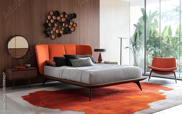 Fototapeta A contemporary bedroom with a statement headboard, sleek furniture, and sophisticated color accents