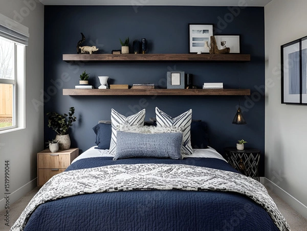 Fototapeta A contemporary bedroom with a statement wall of dark navy, floating shelves, and geometric dcor accents