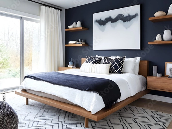 Fototapeta A contemporary bedroom with a statement wall of dark navy, floating shelves, and geometric dcor accents