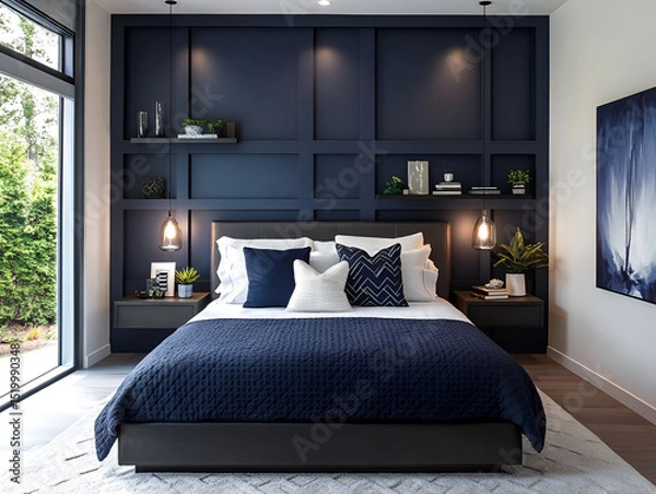 Fototapeta A contemporary bedroom with a statement wall of dark navy, floating shelves, and geometric dcor accents
