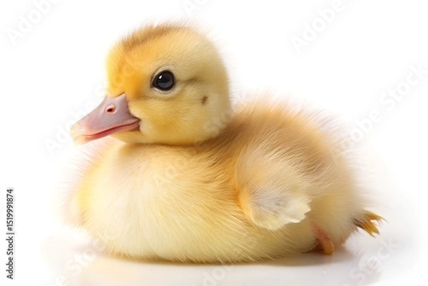 Fototapeta Cute little newborn fluffy duckling. One young duck isolated on a white background