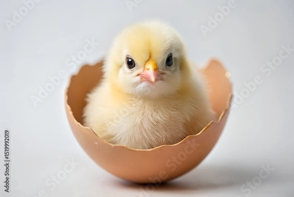 Fototapeta A small, yellow chick peeks out from a crack in a brown egg