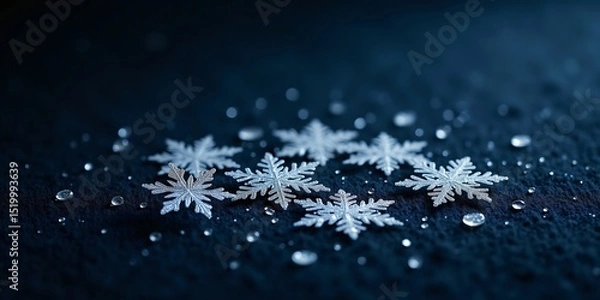 Fototapeta A macro shot of snowflakes on a dark wool surface