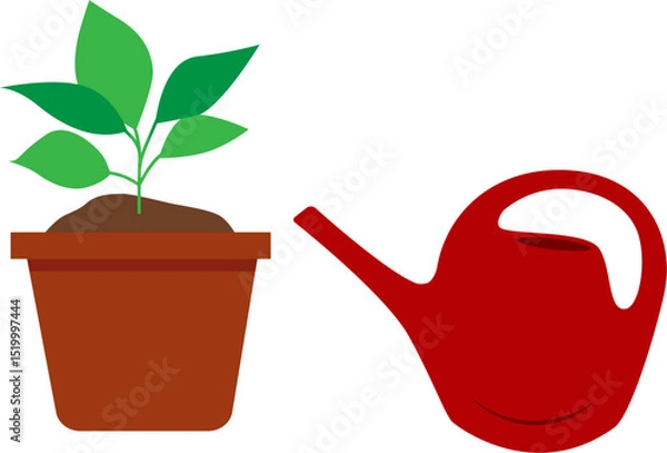 Fototapeta A flower pot with green plant and watering can. Vector illustration with transparent background.	