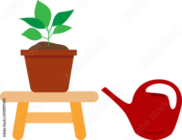 Fototapeta A flower pot with green plant standing on the bench and watering can. Vector illustration with transparent background.	