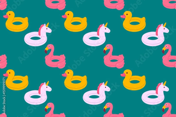 Fototapeta Seamless pattern with flamingo, unicorn, and duck pool floats on dark teal background, designed for summer prints and products