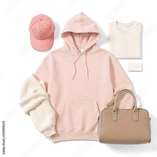 Fototapeta Create a realistic mockup of a design template. Light color, peach color. Classic stationery template. Hoodie, T-shirt, Hat, Cap, Travel bag, Business card, isolated on a plain white background.