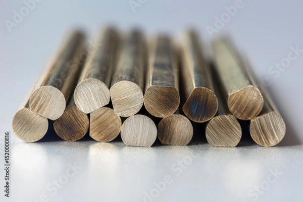 Obraz Colored metal rods with a cross-sectional texture, arranged on a gray metallic surface reflecting the object