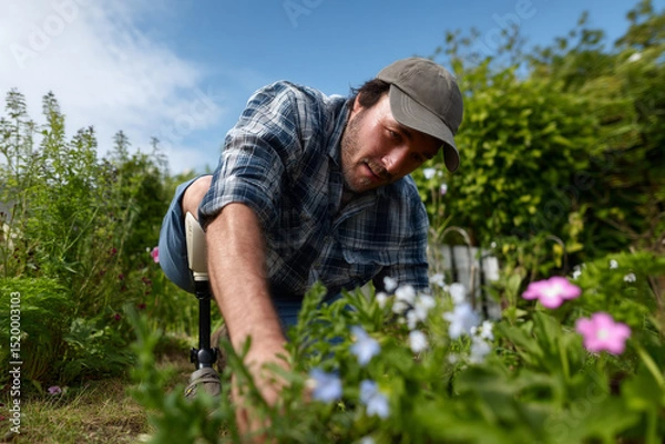 Obraz A man with a prosthetic leg gardens.