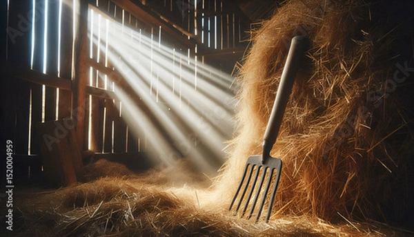 Fototapeta Pitchfork stuck upright in a haystack in a countryside barn with sunbeams entering through wooden planks.
