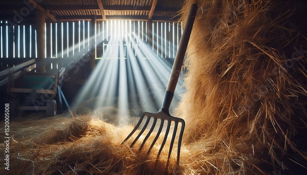 Fototapeta Pitchfork stuck upright in a haystack in a countryside barn with sunbeams entering through wooden planks.