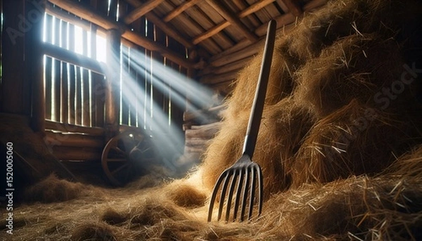 Fototapeta Pitchfork stuck upright in a haystack in a countryside barn with sunbeams entering through wooden planks.