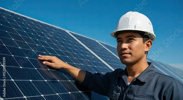 Fototapeta Worker Inspecting Solar Panel Array for Clean Energy Installation Project