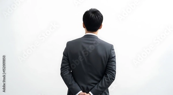 Obraz A man in a formal suit stands with his back to the viewer against a plain white background his hands clasped behind him a study in understated professionalism and anticipation.