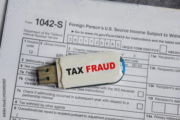 Obraz USB drive with text tax fraud and tax form. Business and finance concept