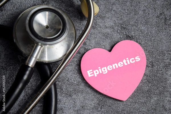 Obraz Concept of Epigenetics write on sticky notes isolated on Wooden Table. stethoscope and pharmaceuticals