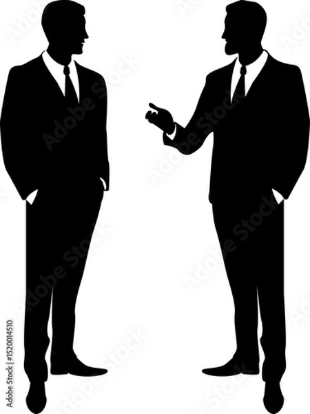 Fototapeta Silhouettes of men in business suits having a conversation. Black and white vector illustration with transparent background