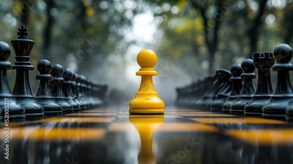 Fototapeta A single yellow pawn stands amidst many black chess pieces in a park setting
