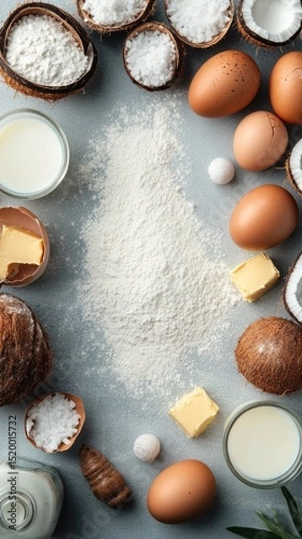 Fototapeta A top-down view of baking ingredients