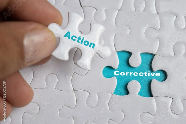Obraz Hand holding piece of jigsaw puzzle with word Corrective action. Business and finance concept